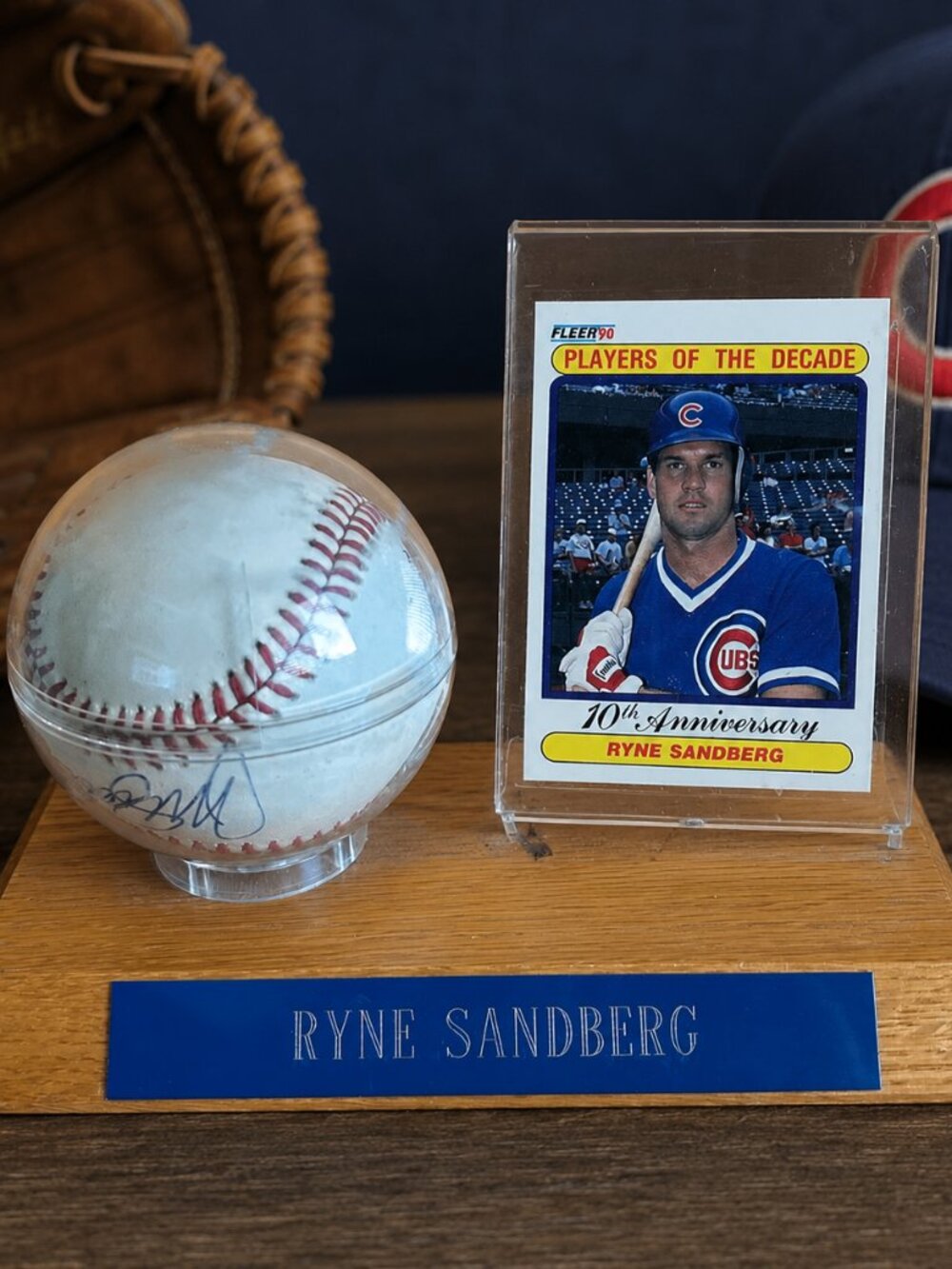 Ryne Sandberg Baseball & 1990 Fleer Players of the Decade Display Set